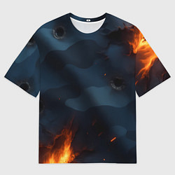 Мужская футболка оверсайз Разорванный синий камуфляж с огнем