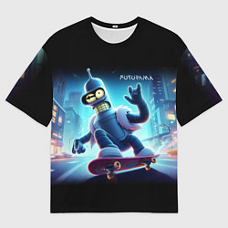 Футболка оверсайз мужская Bender is a skateboarder in neon street - ai art, цвет: 3D-принт