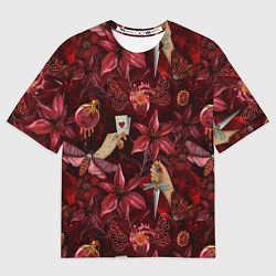 Мужская футболка оверсайз Бордовая готика с сердцем, лилиями и мотыльками