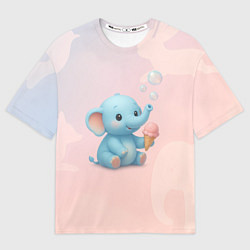 Футболка оверсайз мужская Маленький слоненок с мороженым пускает пузыри, цвет: 3D-принт