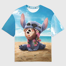 Футболка оверсайз мужская Стич на пляже, цвет: 3D-принт