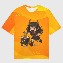 Футболка оверсайз мужская Девочка дьявол бежит за роллом, цвет: 3D-принт