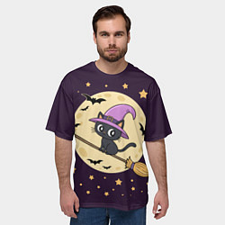 Футболка оверсайз мужская Хэллоуин, кот на метле, луна, цвет: 3D-принт — фото 2