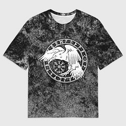 Мужская футболка оверсайз Ворон в круге рун и компас вегвизир