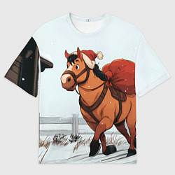 Футболка оверсайз мужская Лошадка везет новогодние подарки, цвет: 3D-принт