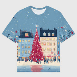 Футболка оверсайз мужская Новогоднее гуляние у красной елки, цвет: 3D-принт