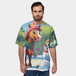 Футболка оверсайз мужская Лошадка и снеговик, цвет: 3D-принт — фото 2