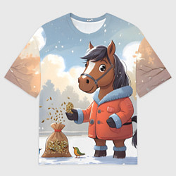Футболка оверсайз мужская Лошадка на зимней прогулке, цвет: 3D-принт