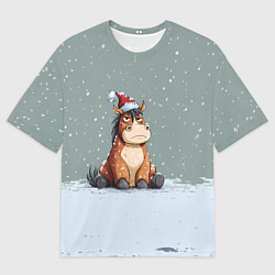 Мужская футболка оверсайз Лошадка на фоне снегопада