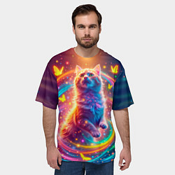 Футболка оверсайз мужская Игривый кот в неоновых всполохах, цвет: 3D-принт — фото 2