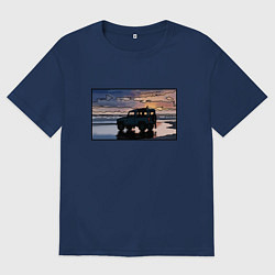 Футболка оверсайз мужская Land Rover Defender на закате, цвет: тёмно-синий
