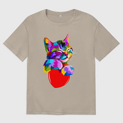 Футболка оверсайз мужская РАДУЖНЫЙ КОТИК RAINBOW KITTY, цвет: миндальный