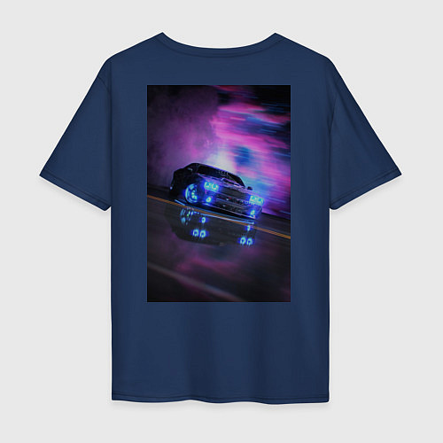 Мужская футболка оверсайз Авто в неоне / Тёмно-синий – фото 2