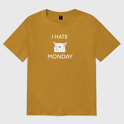 Футболка оверсайз мужская I hate monday текст с котом, цвет: горчичный