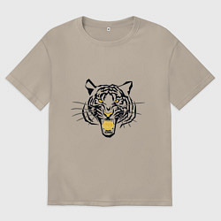 Футболка оверсайз мужская Агрессивный тигр с монетой Биткоин в пасти, цвет: миндальный