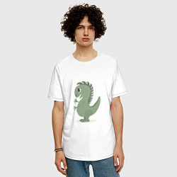 Футболка оверсайз мужская Милый зеленый динозаврик, цвет: белый — фото 2