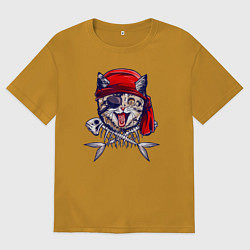 Футболка оверсайз мужская Кот пират и рыбьи кости, цвет: горчичный