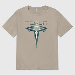 Футболка оверсайз мужская Tesla Logo Тесла Логотип Карбон, цвет: миндальный