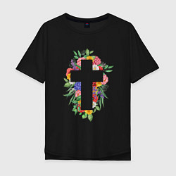 Футболка оверсайз мужская Крест с цветами Cross with flowers, цвет: черный