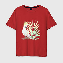 Футболка оверсайз мужская Белый попугай с хохолком на фоне листьев пальмы, цвет: красный