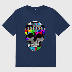 Футболка оверсайз мужская No signal - Skull Glitch, цвет: тёмно-синий