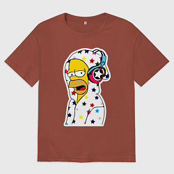 Футболка оверсайз мужская Гомер Симпсон в звёздном балахоне и в наушниках, цвет: кирпичный