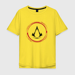 Футболка оверсайз мужская Символ Assassins Creed и красная краска вокруг, цвет: желтый