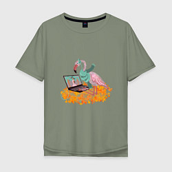 Футболка оверсайз мужская Осенний фламинго с ноутбуком, мечты о лете, цвет: авокадо