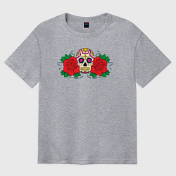 Футболка оверсайз мужская Мексиканский череп и розы, цвет: меланж