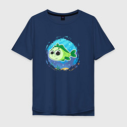 Футболка оверсайз мужская Мультяшная зелёная рыбка, цвет: тёмно-синий