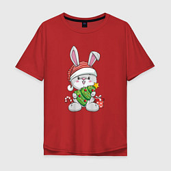 Футболка оверсайз мужская Новогодний кролик с елочкой, цвет: красный
