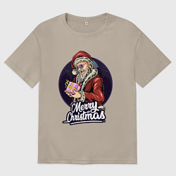 Футболка оверсайз мужская Санта с подарком, цвет: миндальный