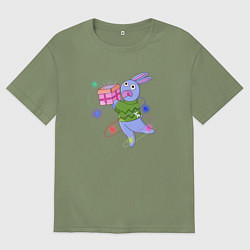 Футболка оверсайз мужская Новогодний кролик с гирляндой, цвет: авокадо