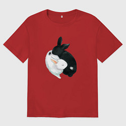 Футболка оверсайз мужская Кролики Инь Янь, цвет: красный
