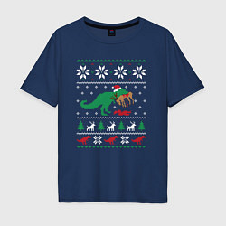 Футболка оверсайз мужская Новогодний тирекс - ugly sweater, цвет: тёмно-синий