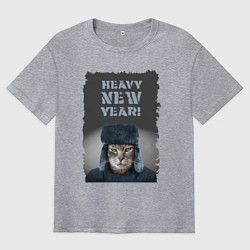 Футболка оверсайз мужская Котяра в шапке ушанке, цвет: меланж