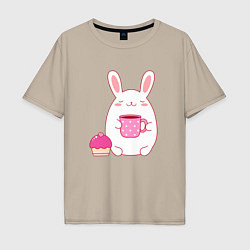 Футболка оверсайз мужская Круглый зайчик с кексом и кофе, цвет: миндальный