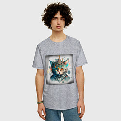Футболка оверсайз мужская Абстрактный акварельный кот с колпаком и брызгами, цвет: меланж — фото 2