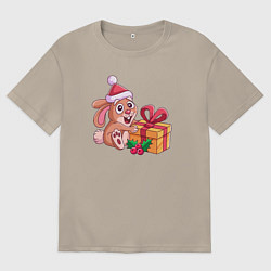 Футболка оверсайз мужская Новогодний зайчик с подарком, цвет: миндальный