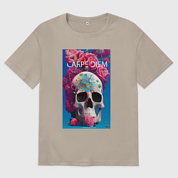 Футболка оверсайз мужская Череп в розовых цветах, цвет: миндальный