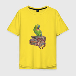 Футболка оверсайз мужская Зеленый попугай на сундуке с сокровищами, цвет: желтый