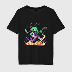 Футболка оверсайз мужская Пиксельный кот гитарист, цвет: черный