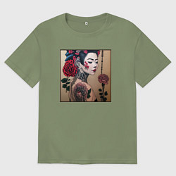 Мужская футболка оверсайз Irezumi - гейша с татуировкой и розами