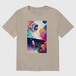 Футболка оверсайз мужская Абстрактный космонавт и разноцветные брызги краски, цвет: миндальный