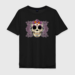 Футболка оверсайз мужская Мексиканский череп и фиолетовый розы, цвет: черный