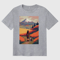 Футболка оверсайз мужская Девушка, выгуливающая собаку на полях Японии, цвет: меланж