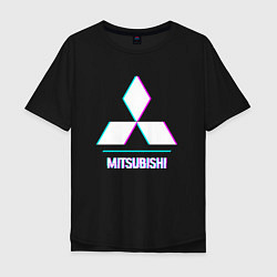 Футболка оверсайз мужская Значок Mitsubishi в стиле glitch, цвет: черный