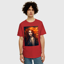 Футболка оверсайз мужская Девушка с огненными волосами: создана нейросетью, цвет: красный — фото 2