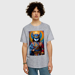 Футболка оверсайз мужская Кот-самурай - нейросеть, цвет: меланж — фото 2