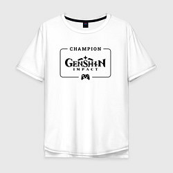 Футболка оверсайз мужская Genshin Impact gaming champion: рамка с лого и джо, цвет: белый